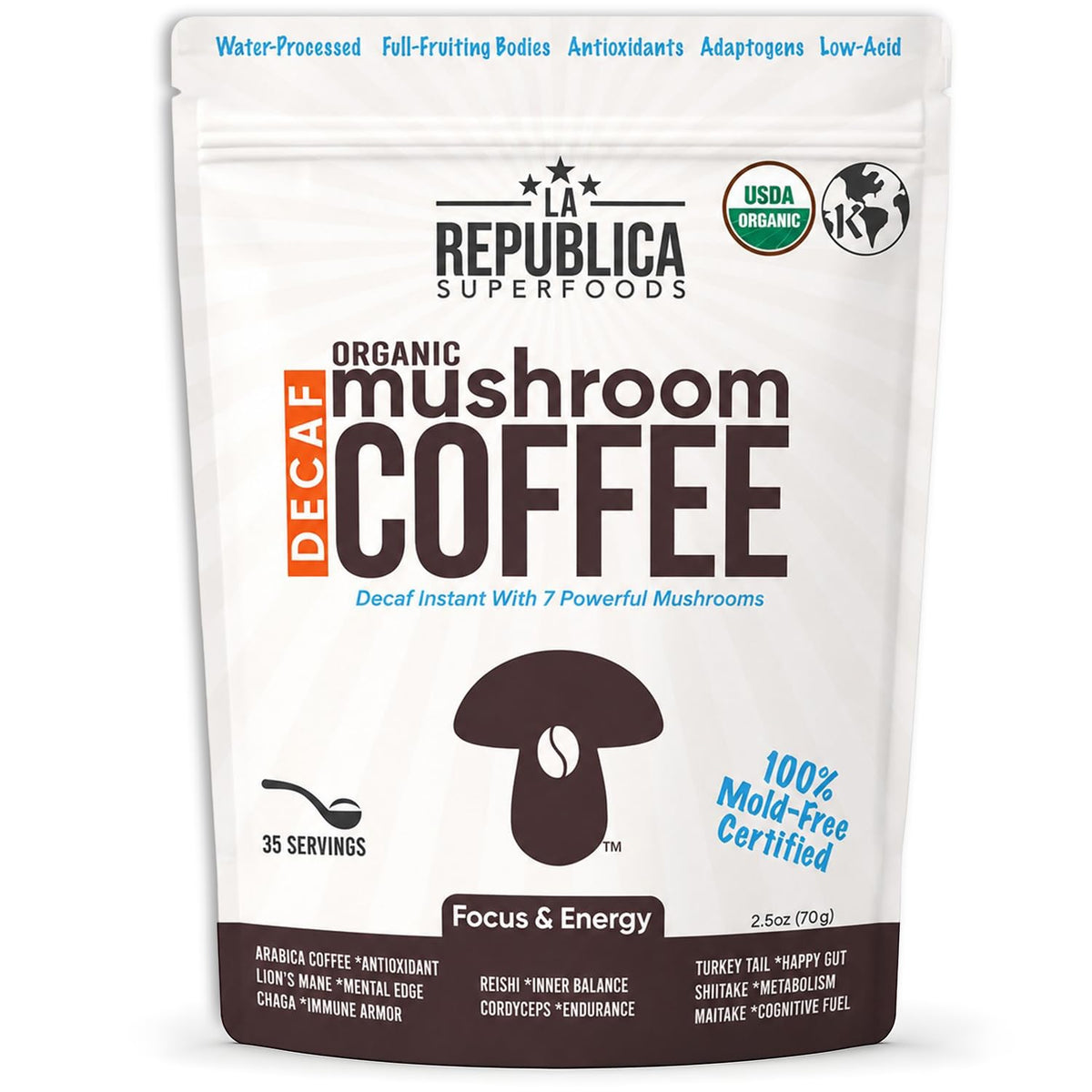 LRLA SUPERFOODS front packaging showing decaf mushroom coffee, clean organic branding benefit