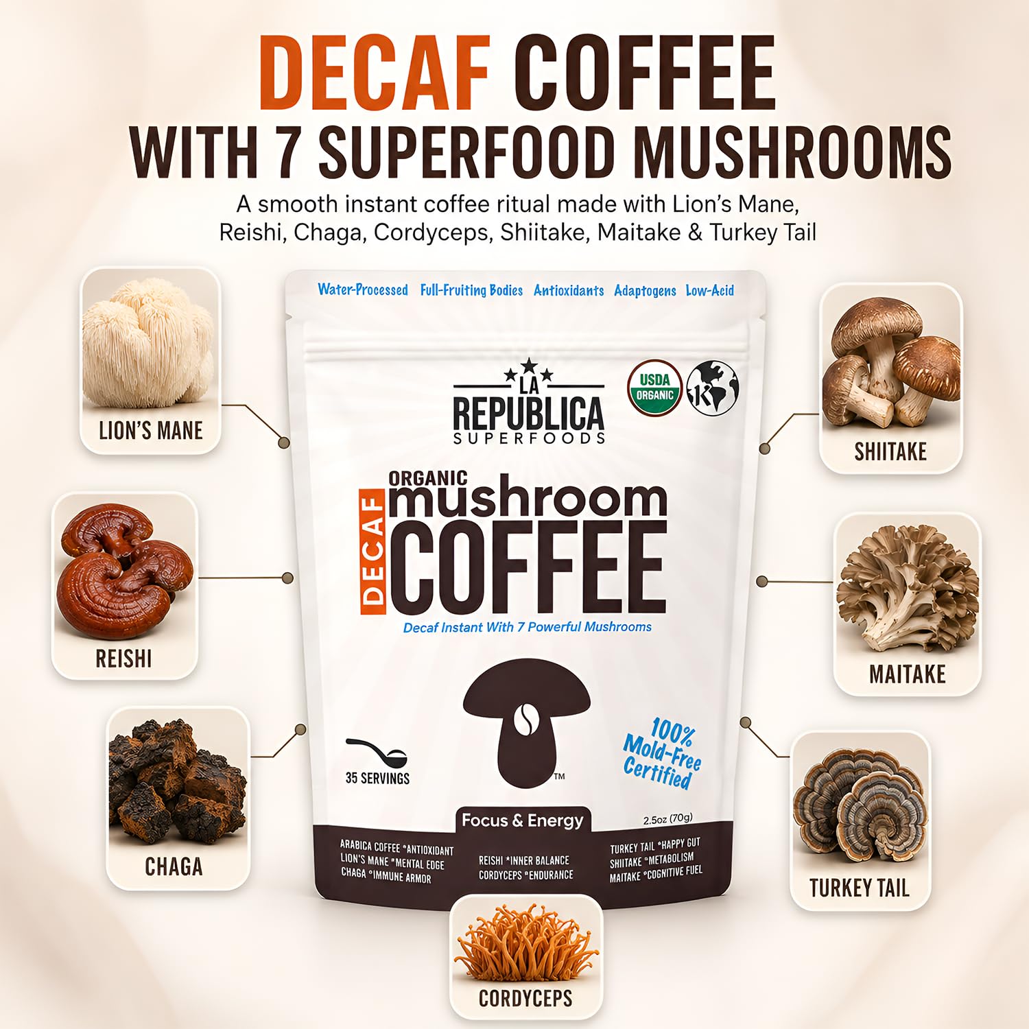 LRLA SUPERFOODS iced mushroom coffee in glass, refreshing cold-brew style convenience benefit