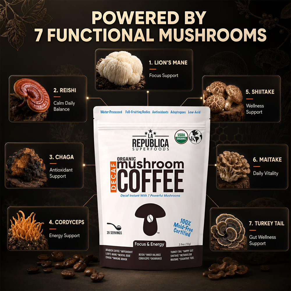 LRLA SUPERFOODS flatlay of seven mushrooms, diverse superfood blend clarity benefit