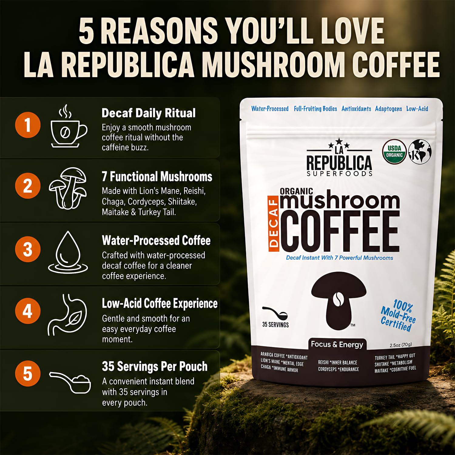 LRLA SUPERFOODS pouring hot water into mug, quick hot coffee without jitters benefit
