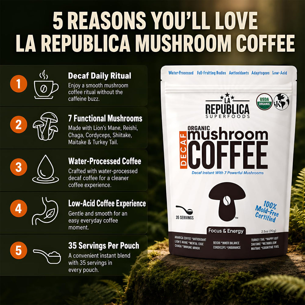 LRLA SUPERFOODS pouring hot water into mug, quick hot coffee without jitters benefit