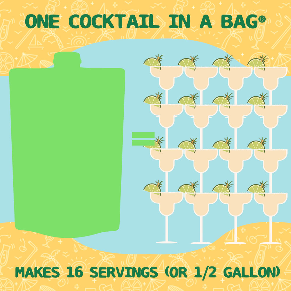 Lt. Blender pouch next to measuring cup showing half-gallon capacity per bag