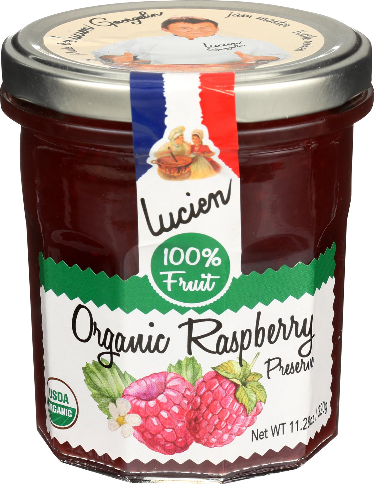LUCIEN GEORGELIN jar front showing organic raspberry preserve, clear wholesome labeling