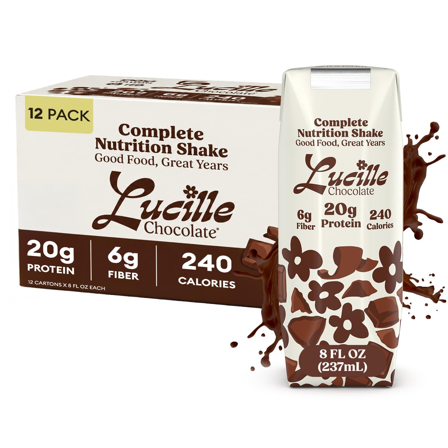 Lucille front packaging showing chocolate shake bottle and brand clarity