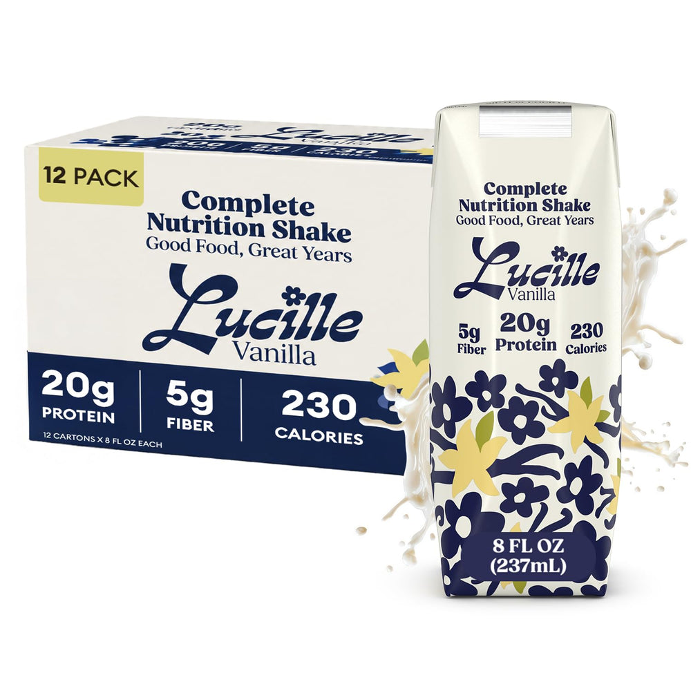 Lucille front packaging showing bottle and vanilla flavor benefit portability