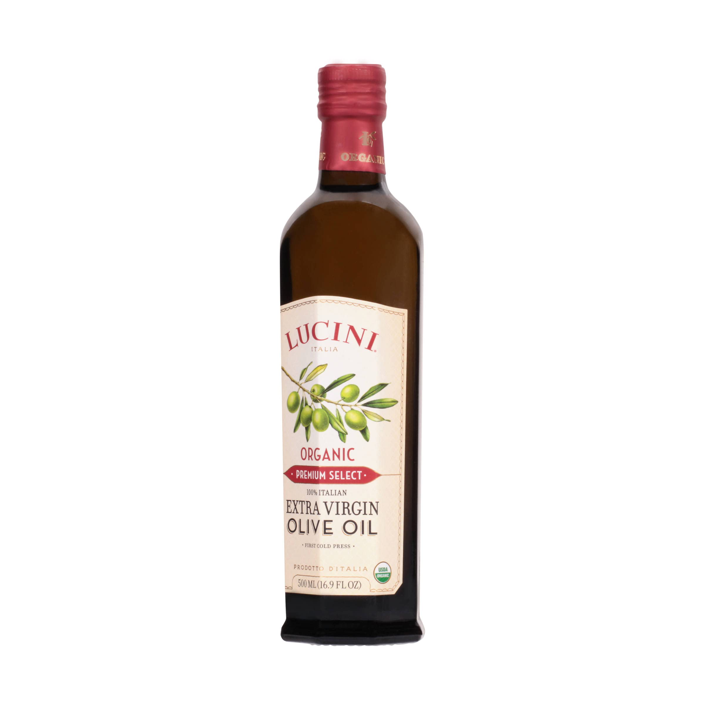 Lucini label closeup revealing organic and Kosher certifications, assures provenance