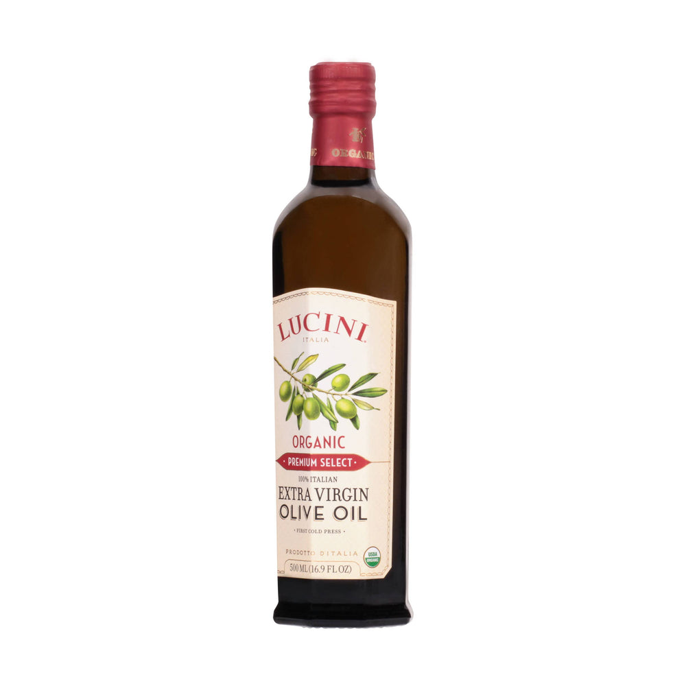 Lucini label closeup revealing organic and Kosher certifications, assures provenance