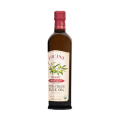 Lucini label closeup revealing organic and Kosher certifications, assures provenance