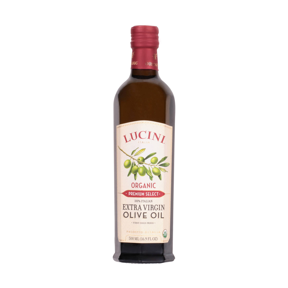 Lucini front packaging 500 mL showing bottle and label, highlights premium quality
