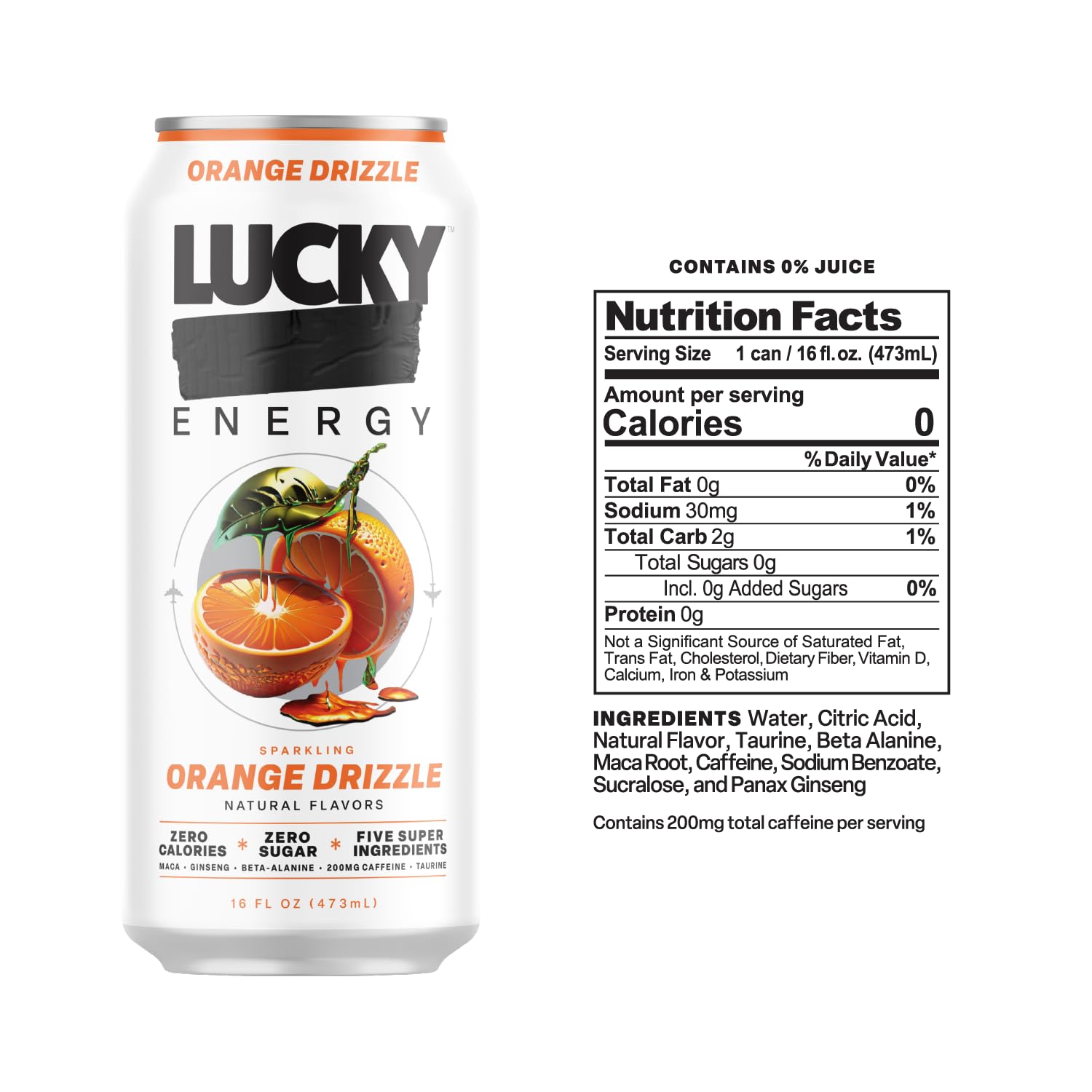 Lucky Energy side label close-up highlighting ingredients and transparency