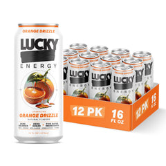 Lucky Energy front packaging showing 12-pack and bold orange flavor benefit