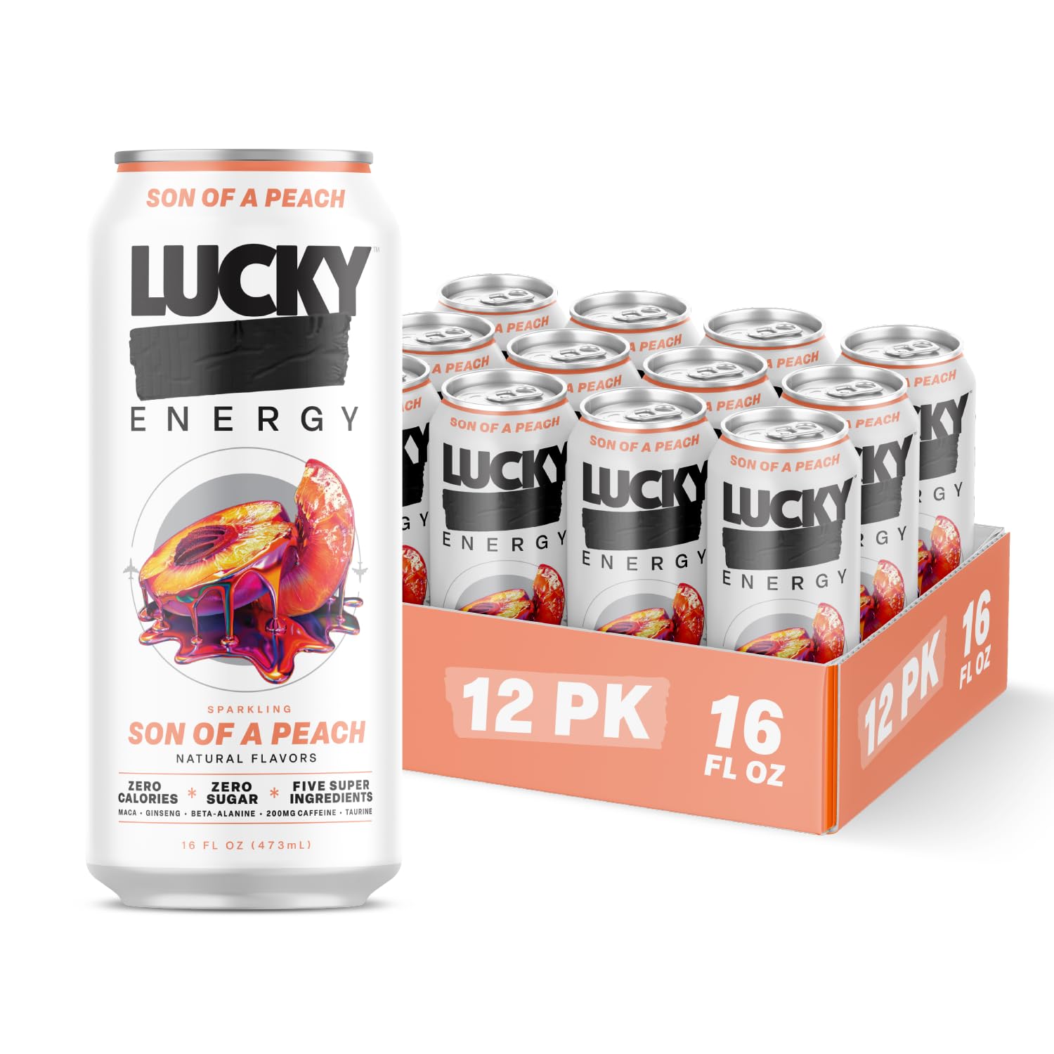 Lucky Energy front packaging of Son of a Peach showing 12-pack, convenient grab-and-go