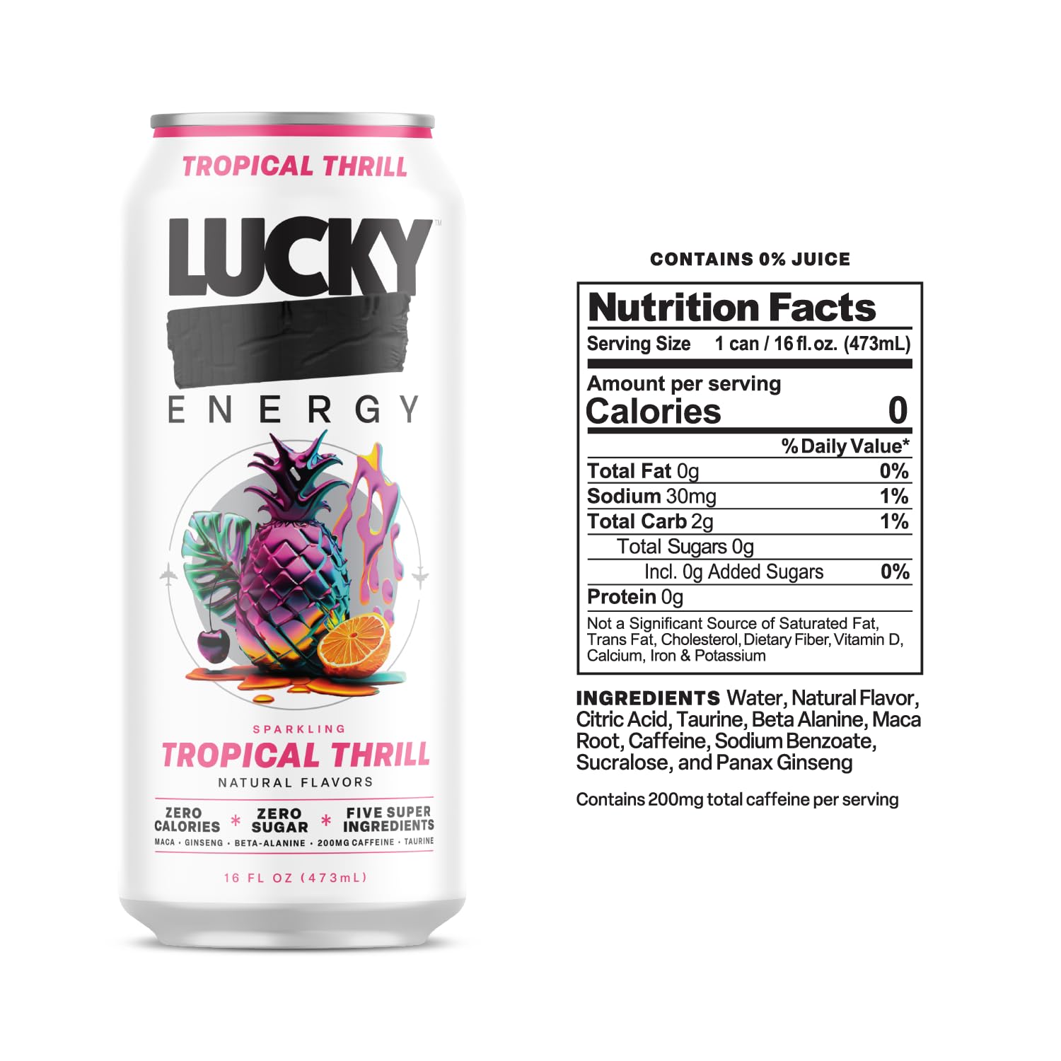 Lucky Energy close-up of label highlighting ingredients list and 200mg caffeine benefit