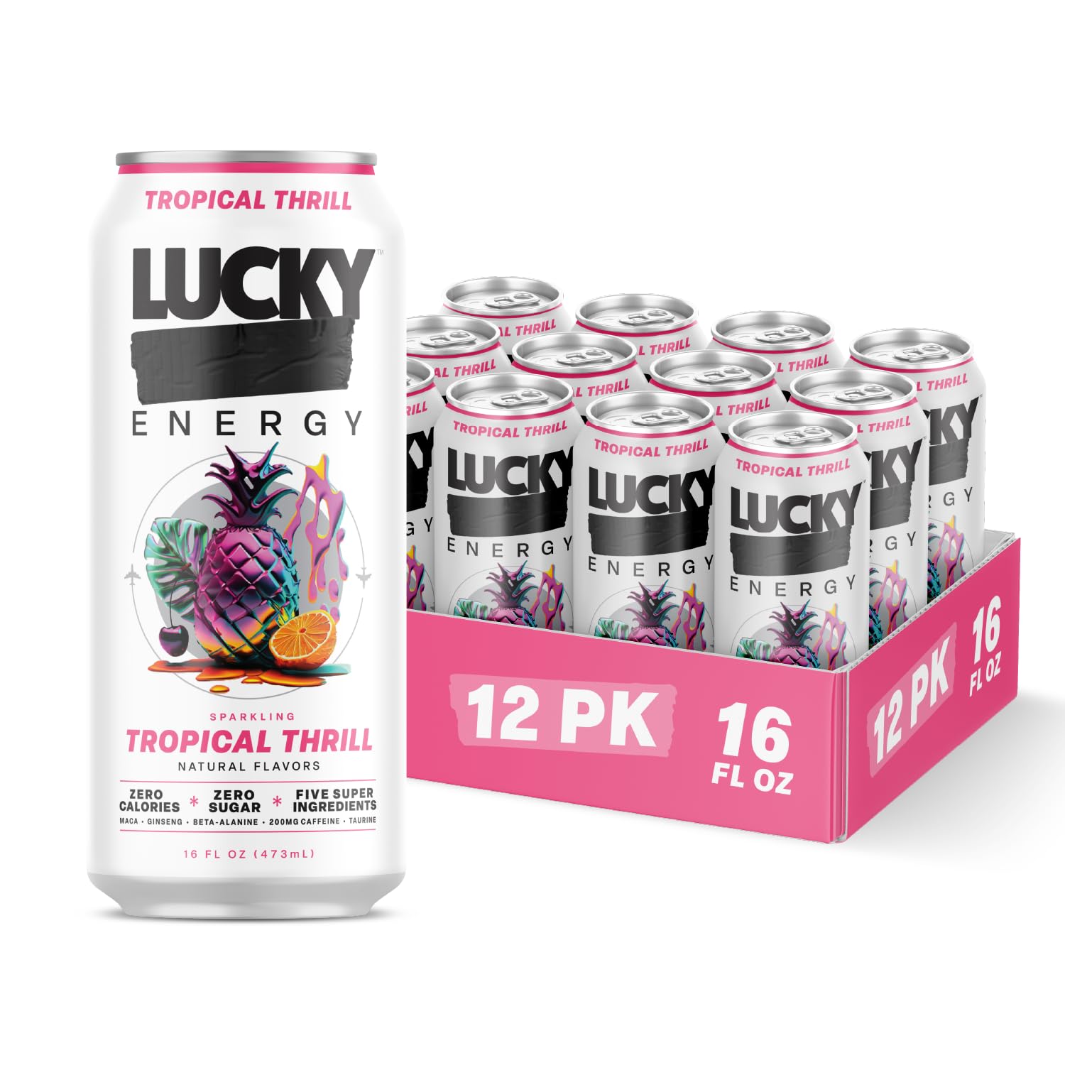 Lucky Energy front can view showing tropical design and bold branding for quick grab-and-go fuel