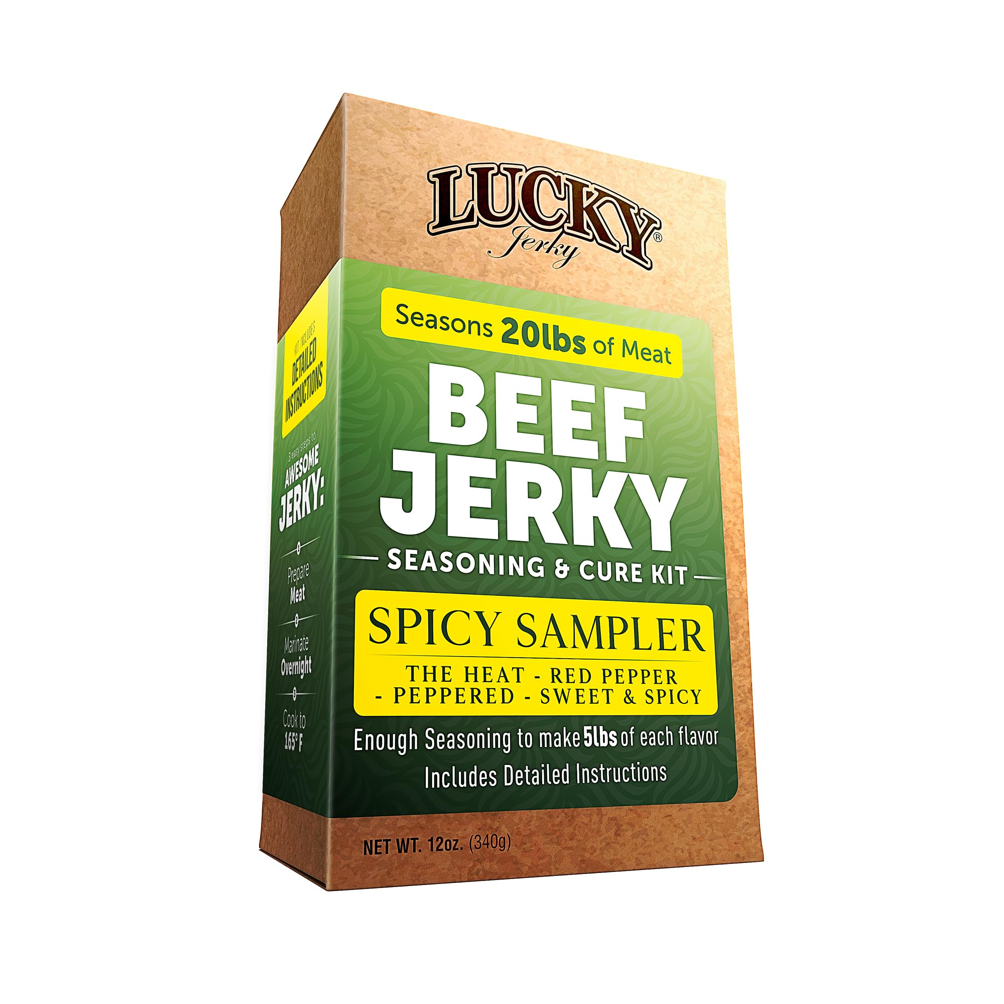 Lucky Beef Jerky front packaging showing kit contents and benefits