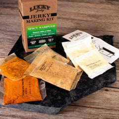 Lucky Beef Jerky finished jerky slices on a drying rack showcasing uniform chew