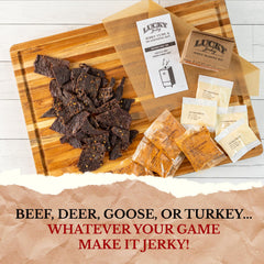 Lucky Beef Jerky served on board showing homemade jerky enjoyment