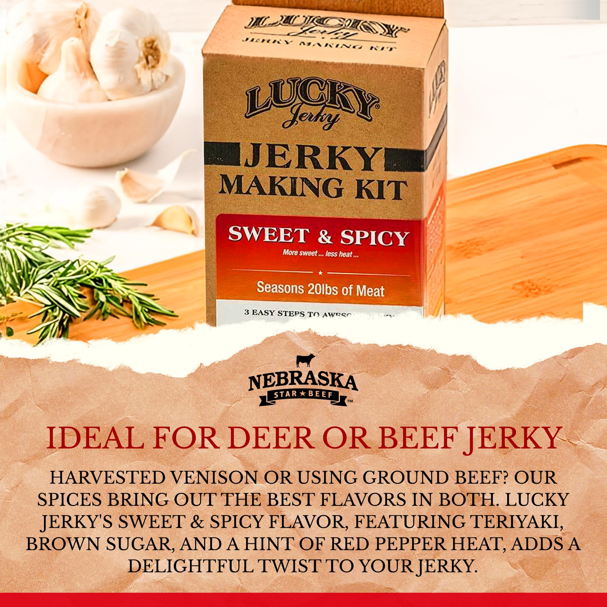 Lucky Beef Jerky kit beside a kitchen scale illustrating batch-size control benefit