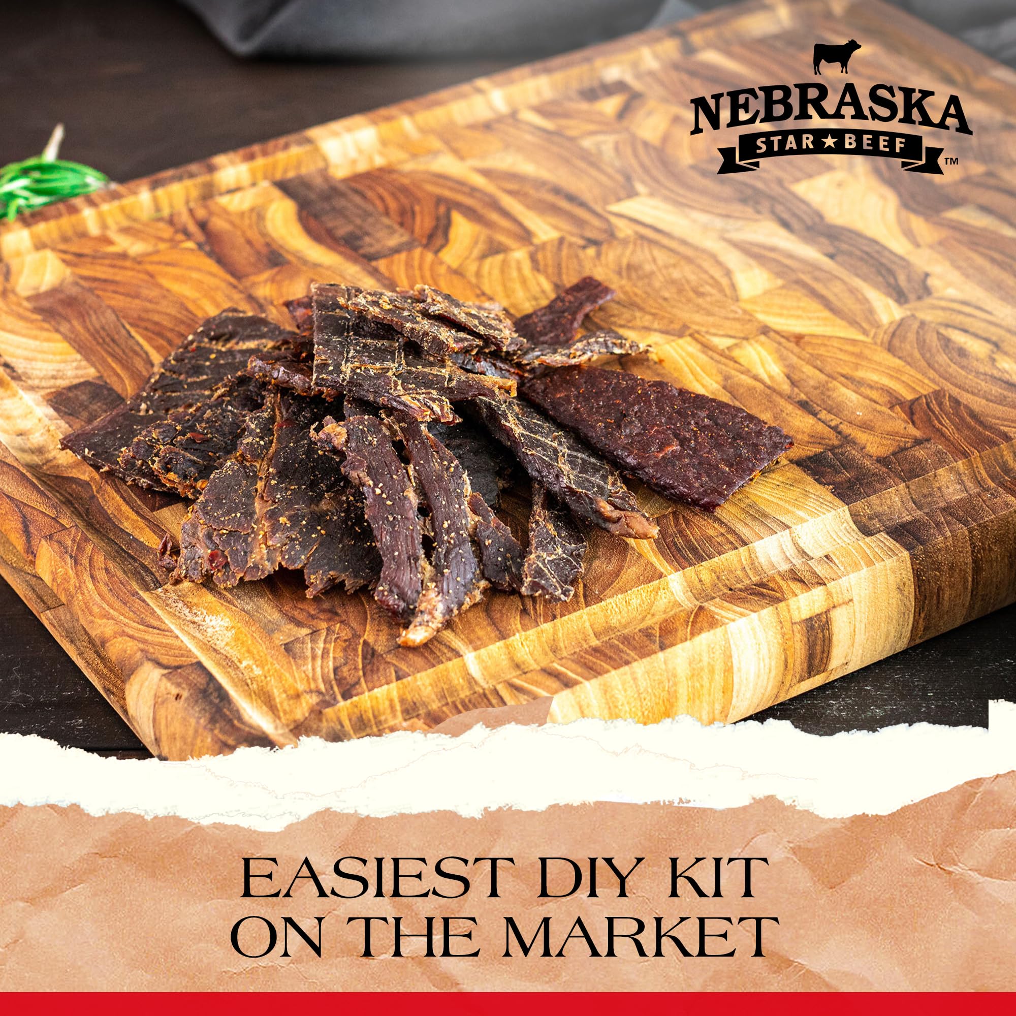 Lucky Beef Jerky sliced finished jerky on board showing appetizing end result benefit