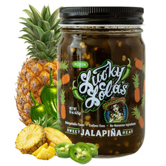 Lucky Lola's front label on 15 oz jar showing bold branding and heat benefit