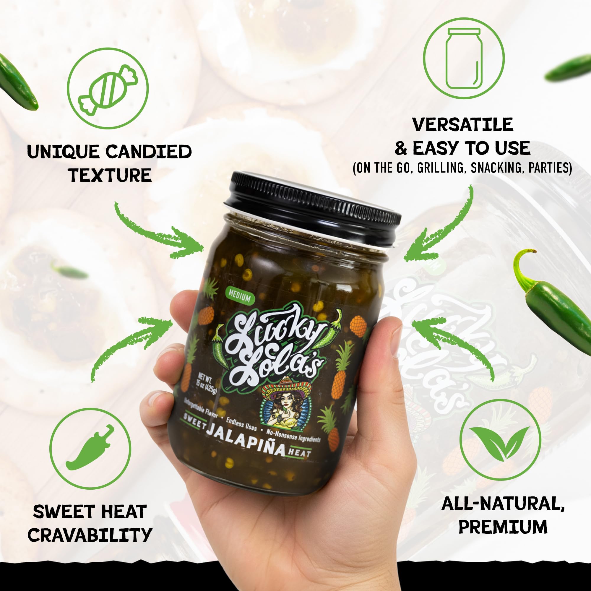 Lucky Lola's open jar close-up of jalapeño texture delivering chunky, smoky flavor