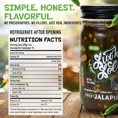 Lucky Lola's jar next to a ruler showing 15 oz scale for portion clarity