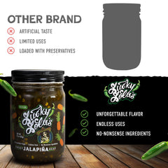 Lucky Lola's spoonful of jalapeños on taco showcasing instant taste boost