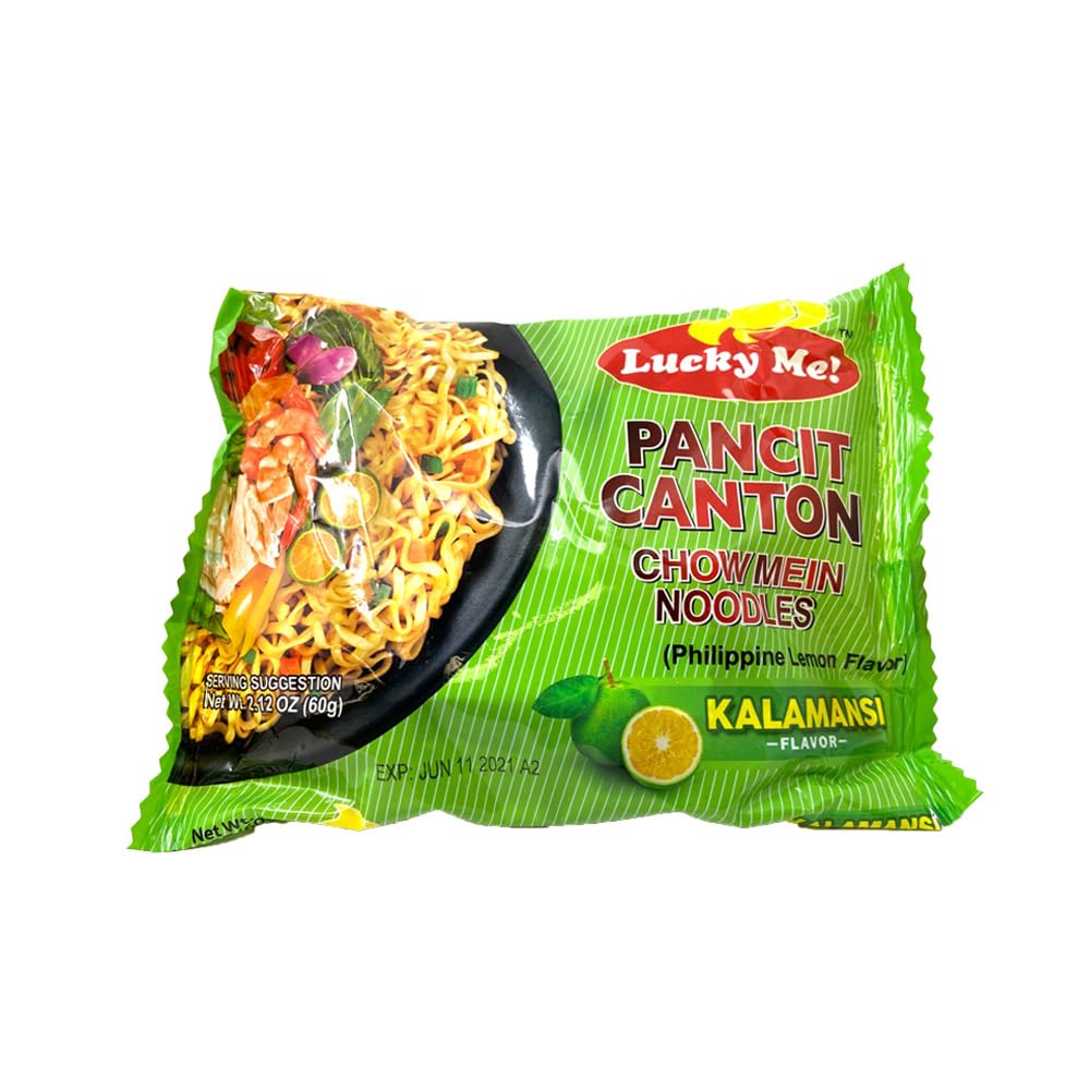 Lucky Me! single packet next to a hand to show actual portion size