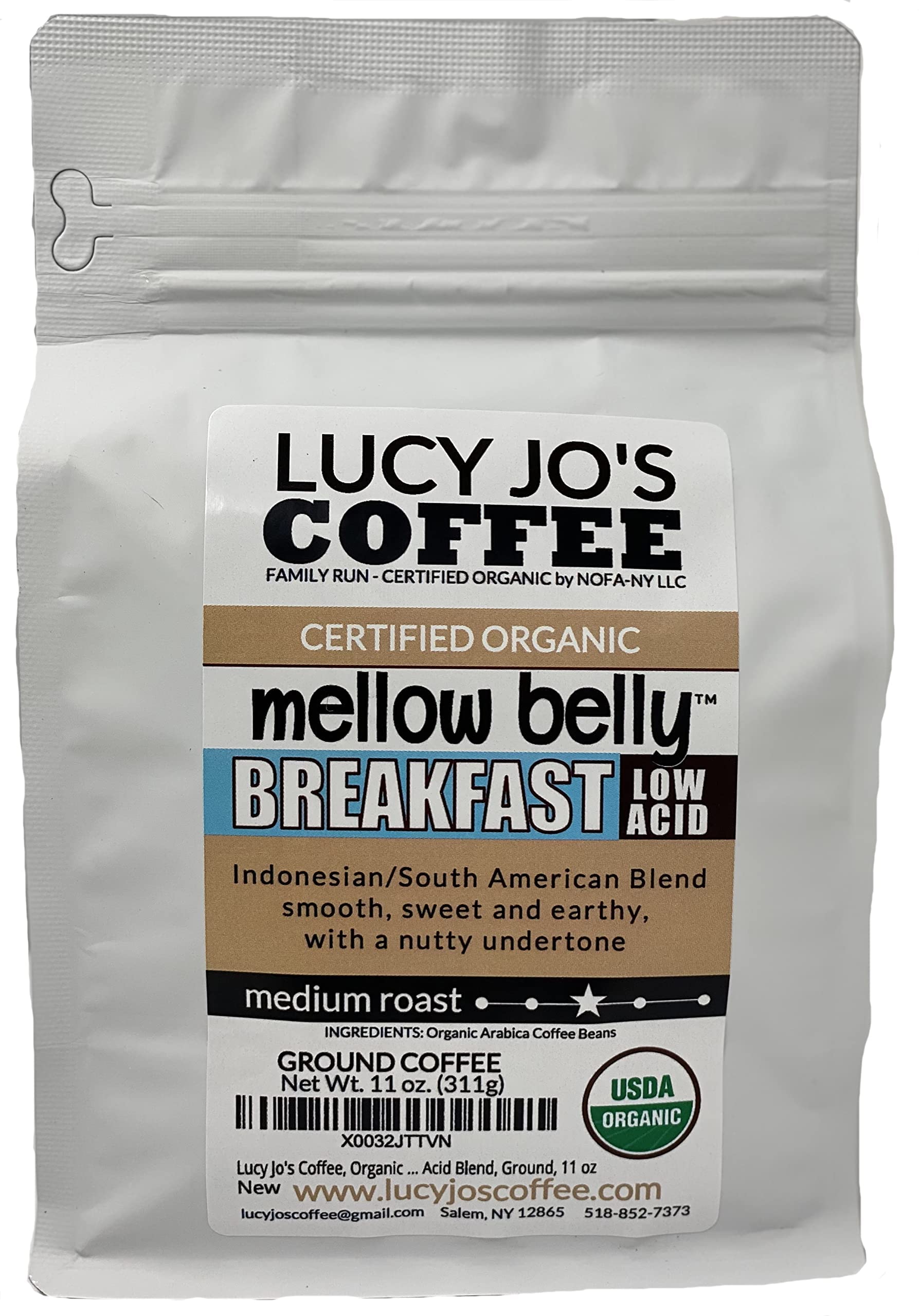 Lucy Jo's Coffee front packaging 11 oz bag showing organic low-acid branding and roasted benefits