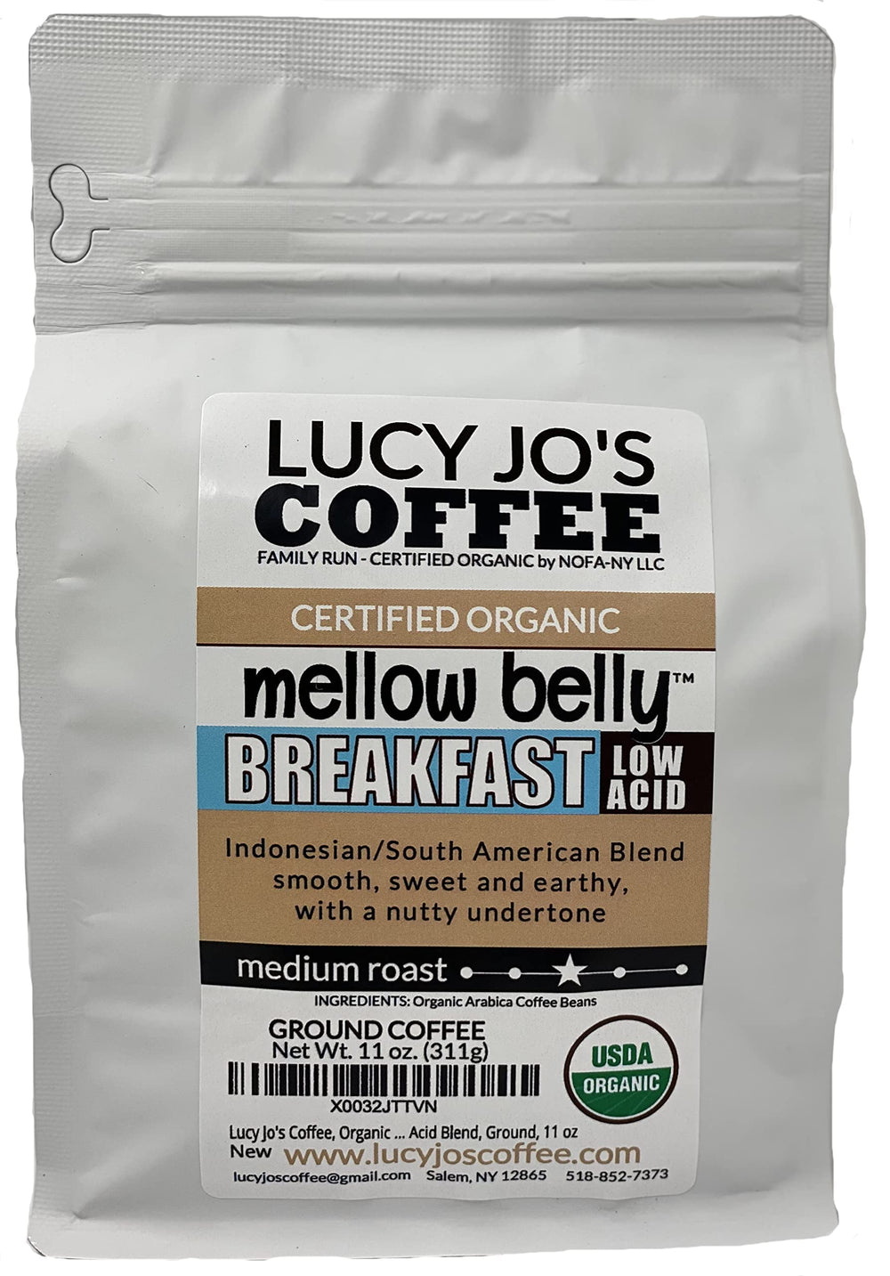 Lucy Jo's Coffee front packaging 11 oz bag showing organic low-acid branding and roasted benefits