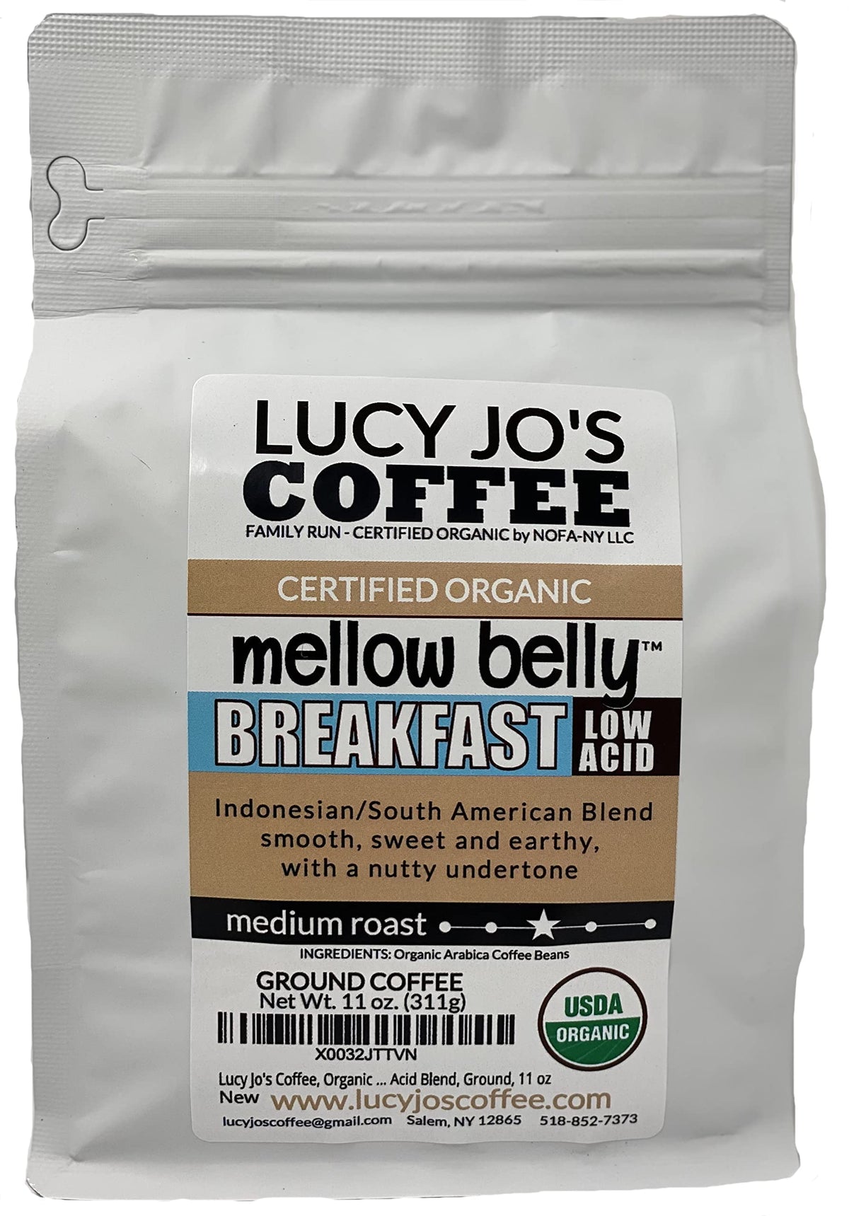 Lucy Jo's Coffee front packaging 11 oz bag showing organic low-acid branding and roasted benefits