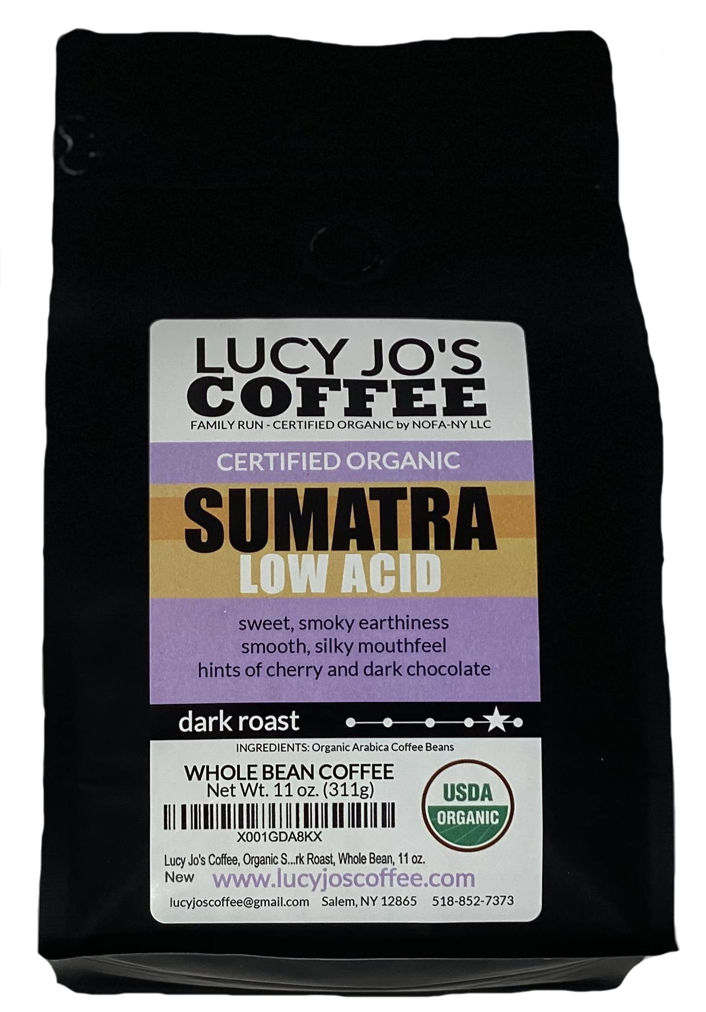 Lucy Jo's Coffee front bag with organic label highlighting smooth low-acid benefit