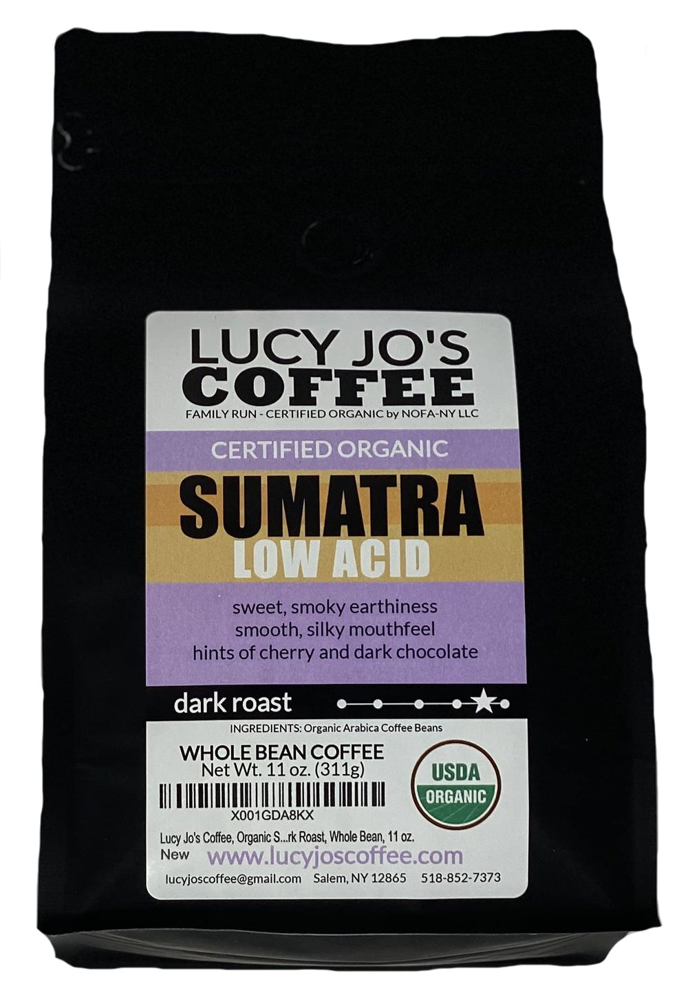 Lucy Jo's Coffee front bag with organic label highlighting smooth low-acid benefit