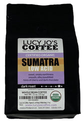 Lucy Jo's Coffee front bag with organic label highlighting smooth low-acid benefit