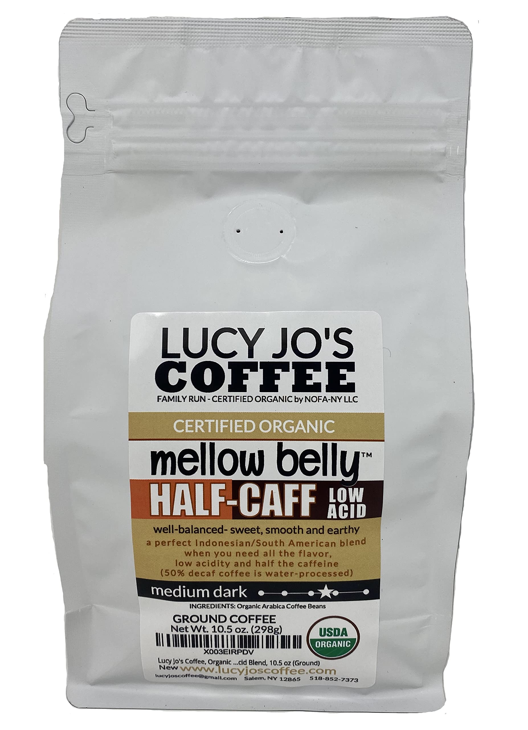 Lucy Jo's Coffee front packaging showing organic low-acid blend, gentle on stomach