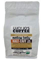 Lucy Jo's Coffee front packaging showing organic low-acid blend, gentle on stomach