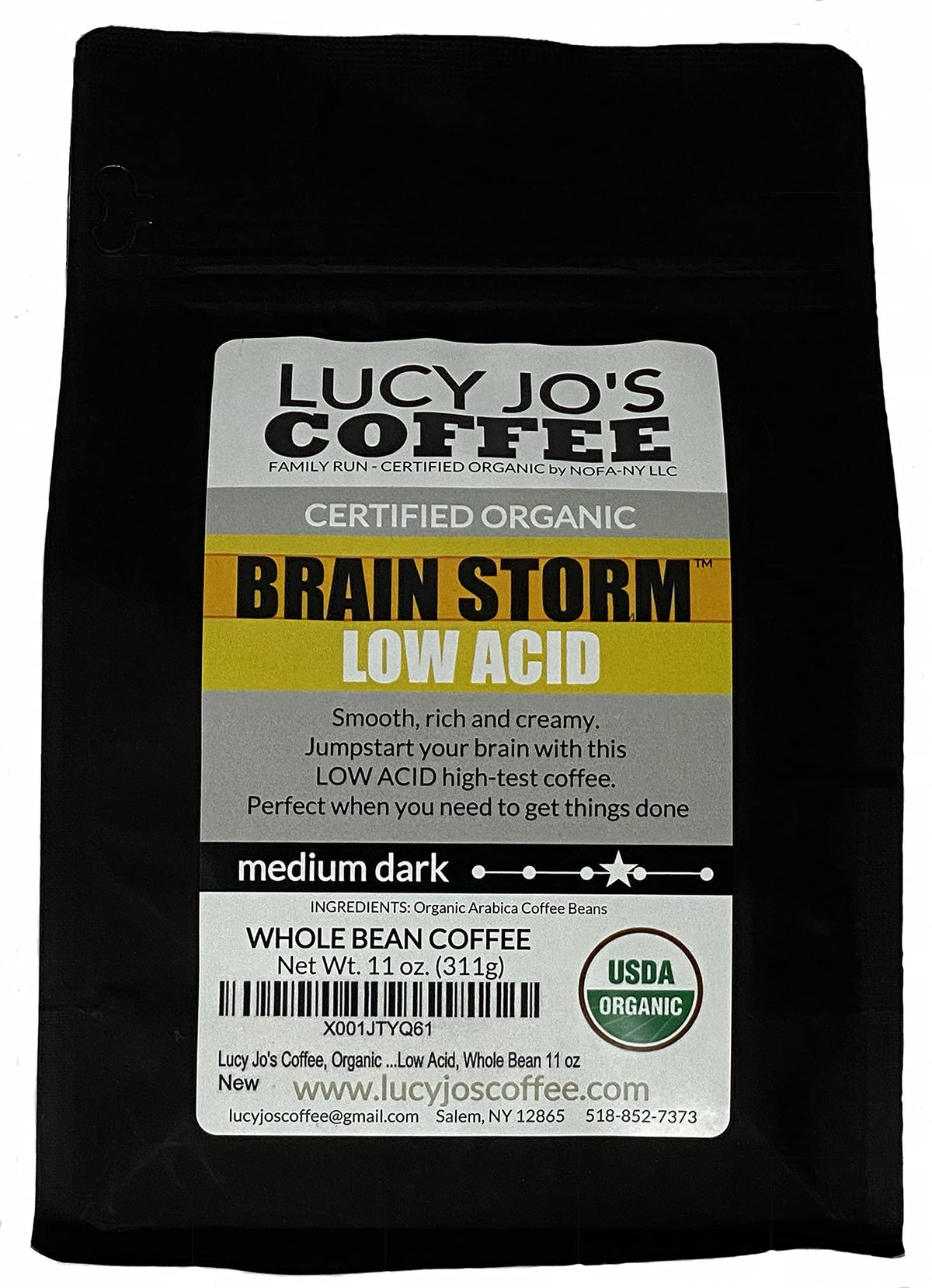Lucy Jo's Coffee front packaging showing organic low-acid whole bean bag and benefit