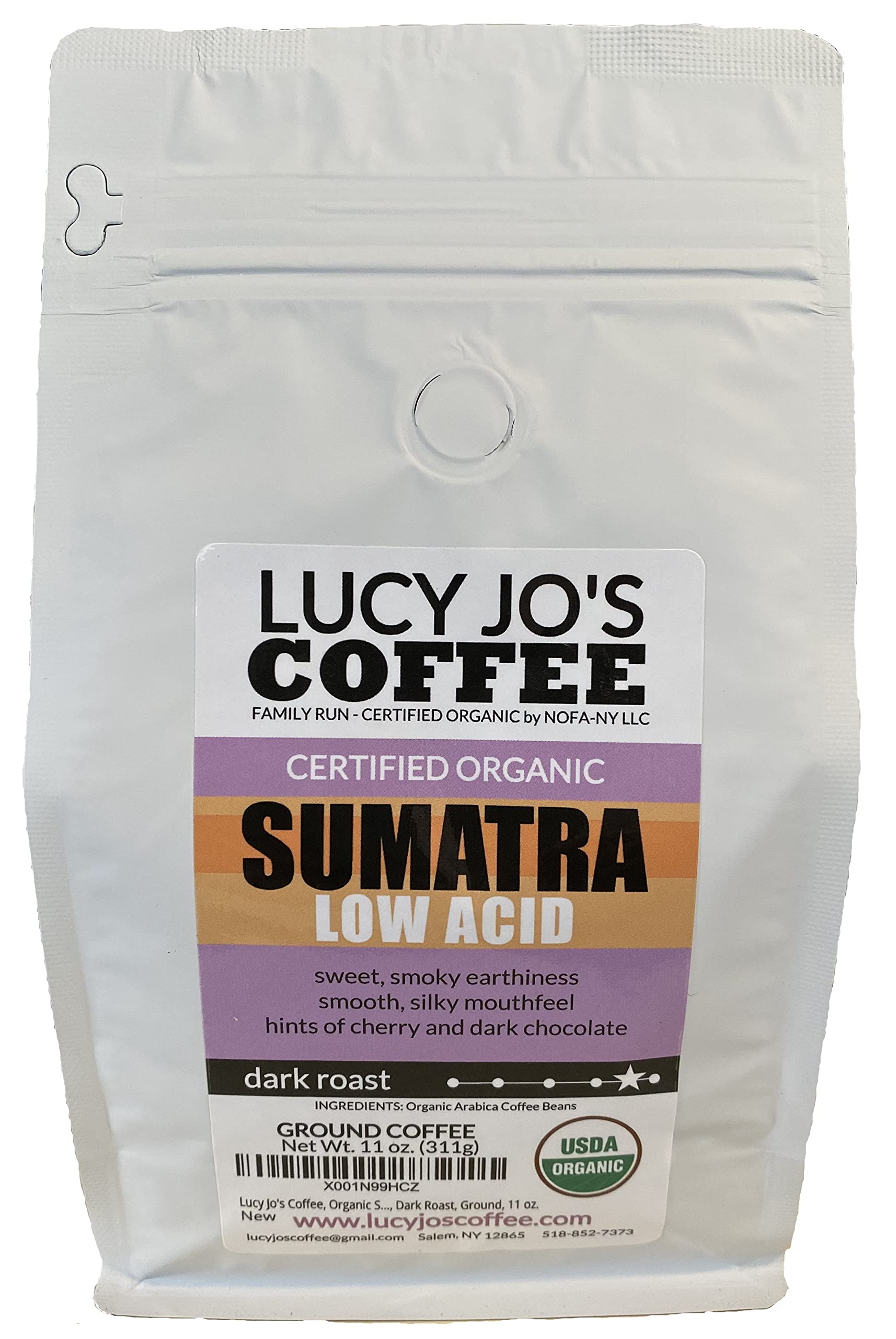 Lucy Jo's Coffee front packaging showing organic label and dark roast benefits