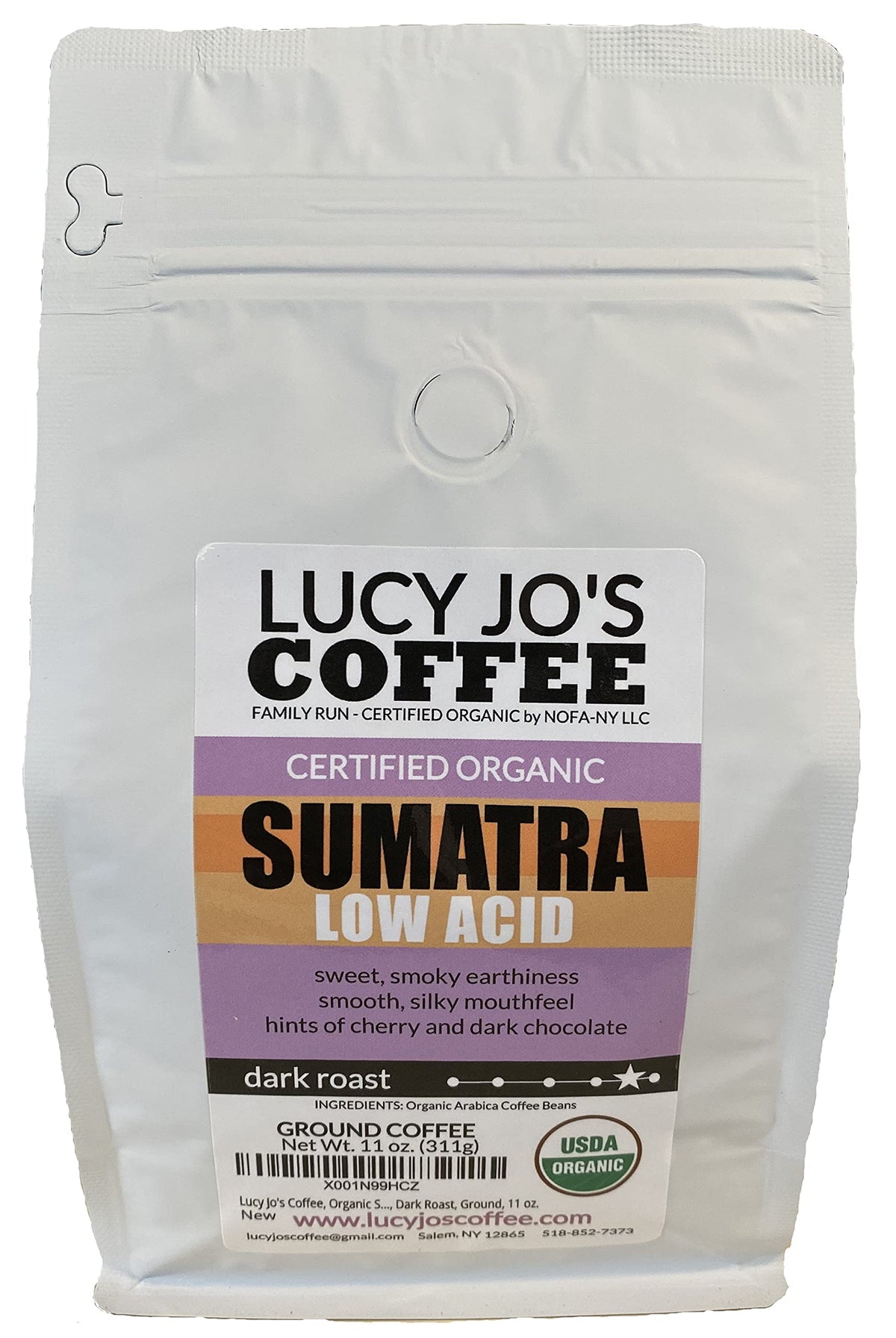 Lucy Jo's Coffee front packaging showing organic label and dark roast benefits