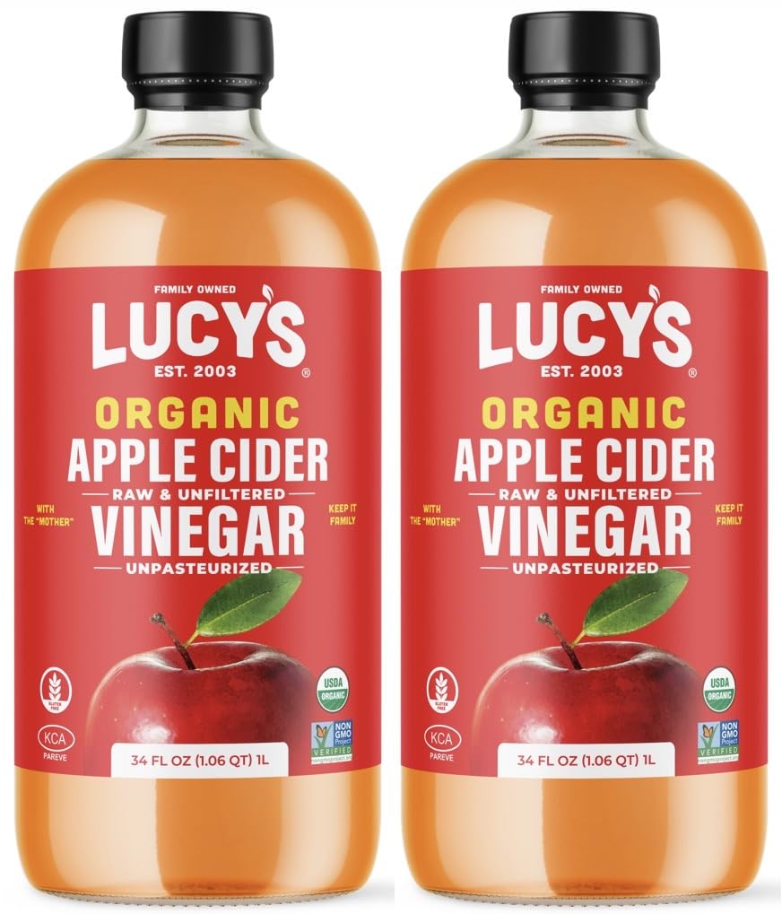 Lucy's front packaging showing two 34oz glass bottles and certification labels for clarity and trust