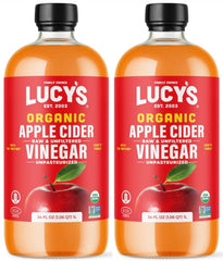 Lucy's front packaging showing two 34oz glass bottles and certification labels for clarity and trust