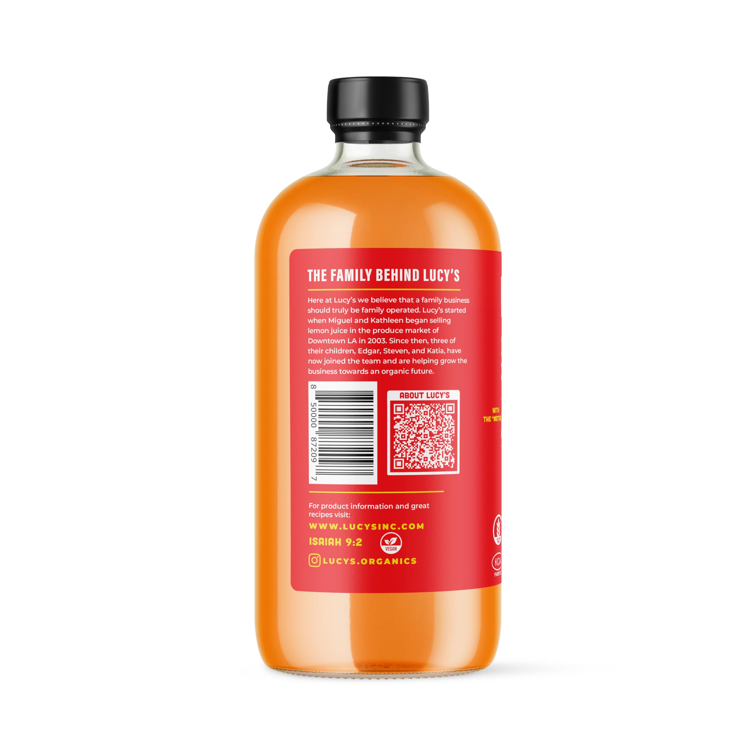 Side label detail on Lucy's bottle highlighting organic and Non-GMO certifications for reassurance