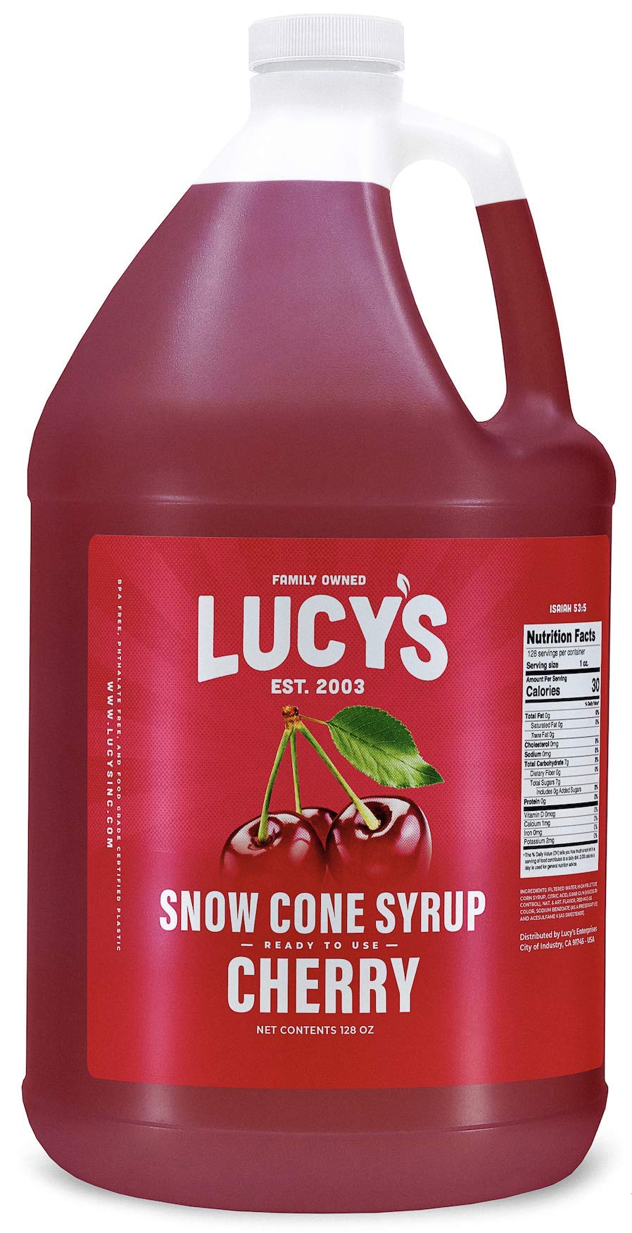 Lucy's cherry syrup jug front label showing brand and bold red color for easy identification and appeal