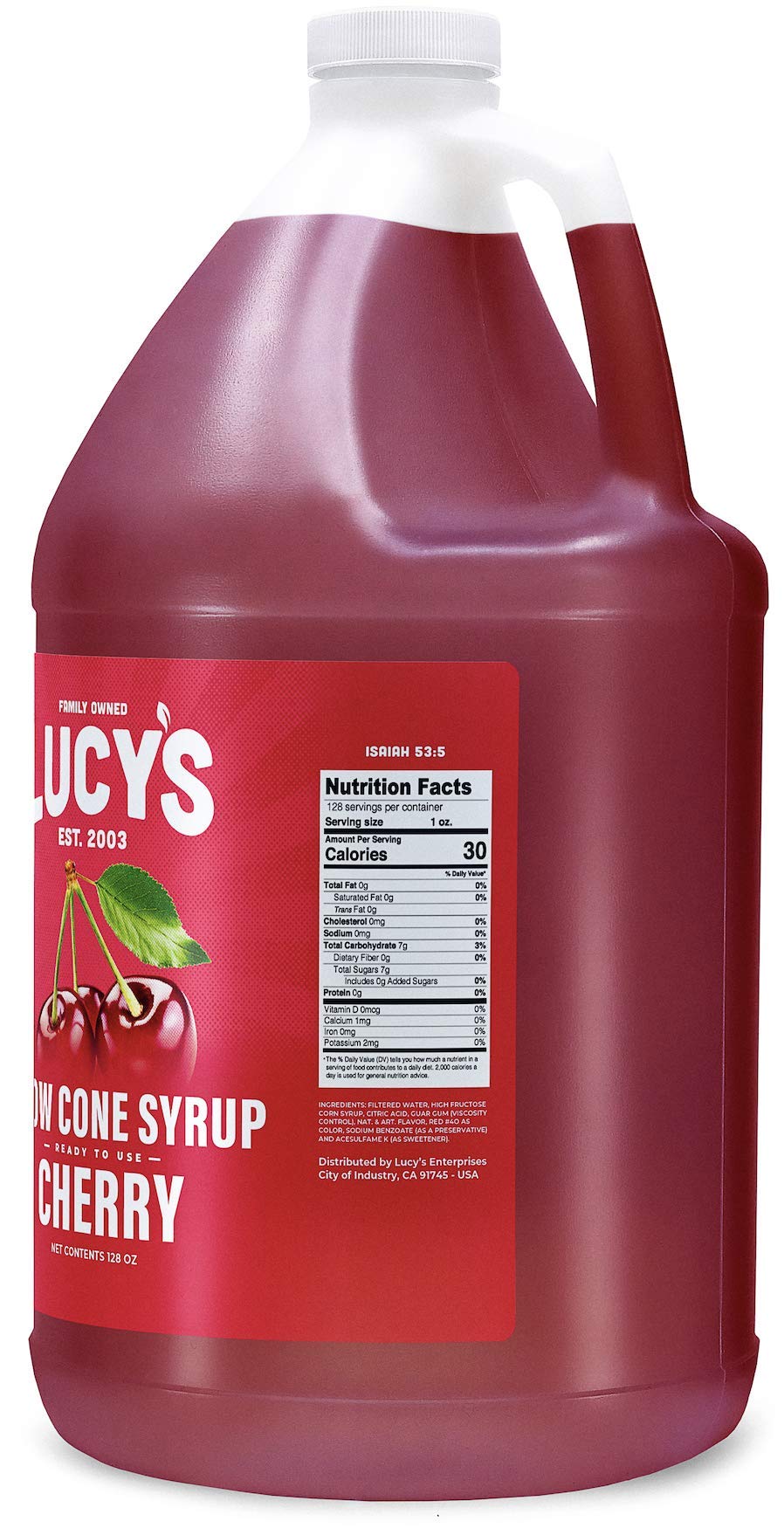 Close-up of Lucy's cherry syrup pouring smoothly over crushed ice emphasizing fast pour and coverage