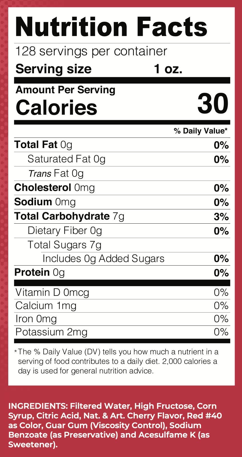 One-gallon Lucy's cherry syrup next to a measuring cup illustrating volume and cost-effective supply