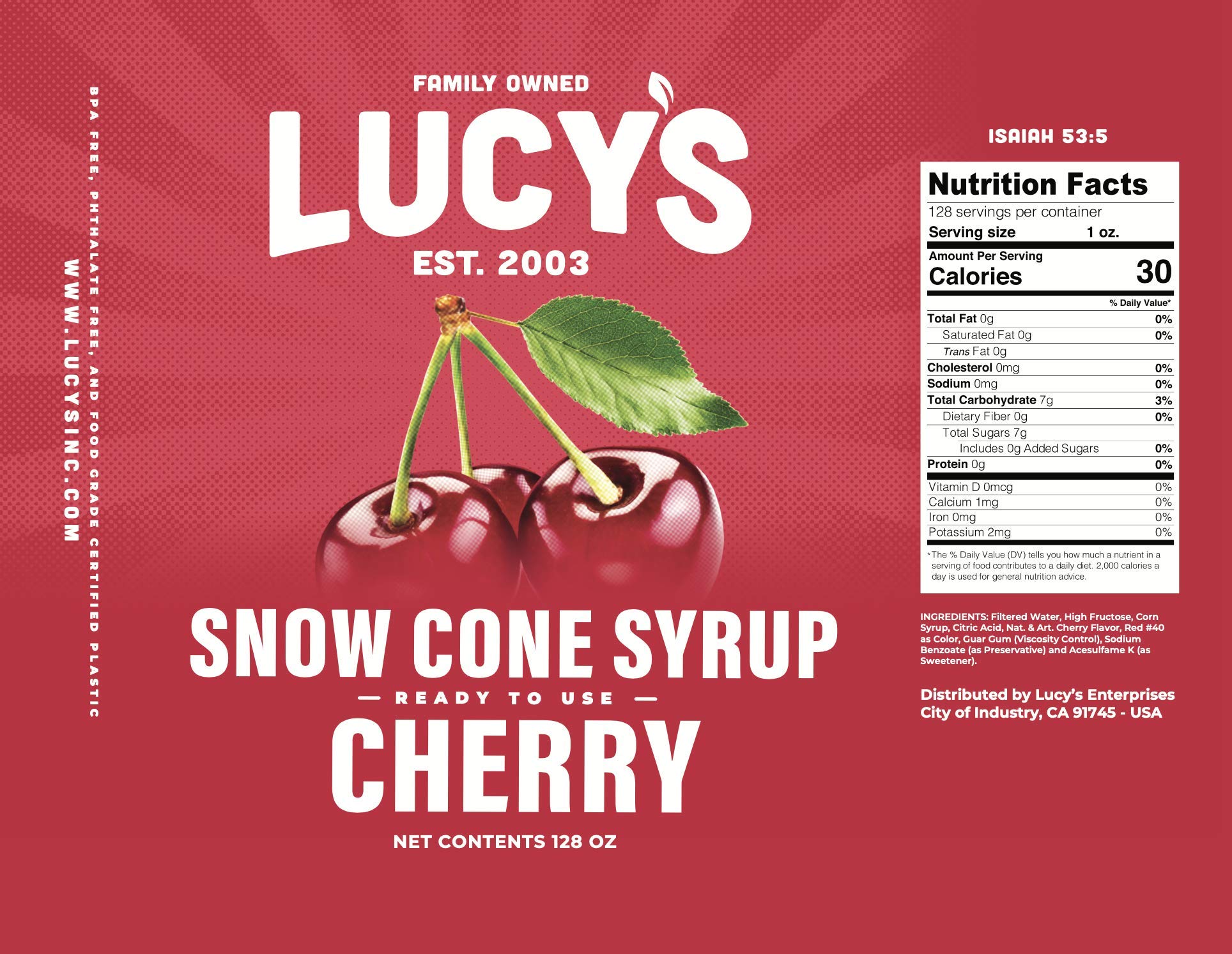 Snow cone topped with Lucy's cherry syrup in hand showing vibrant color and refreshing dessert enjoyment