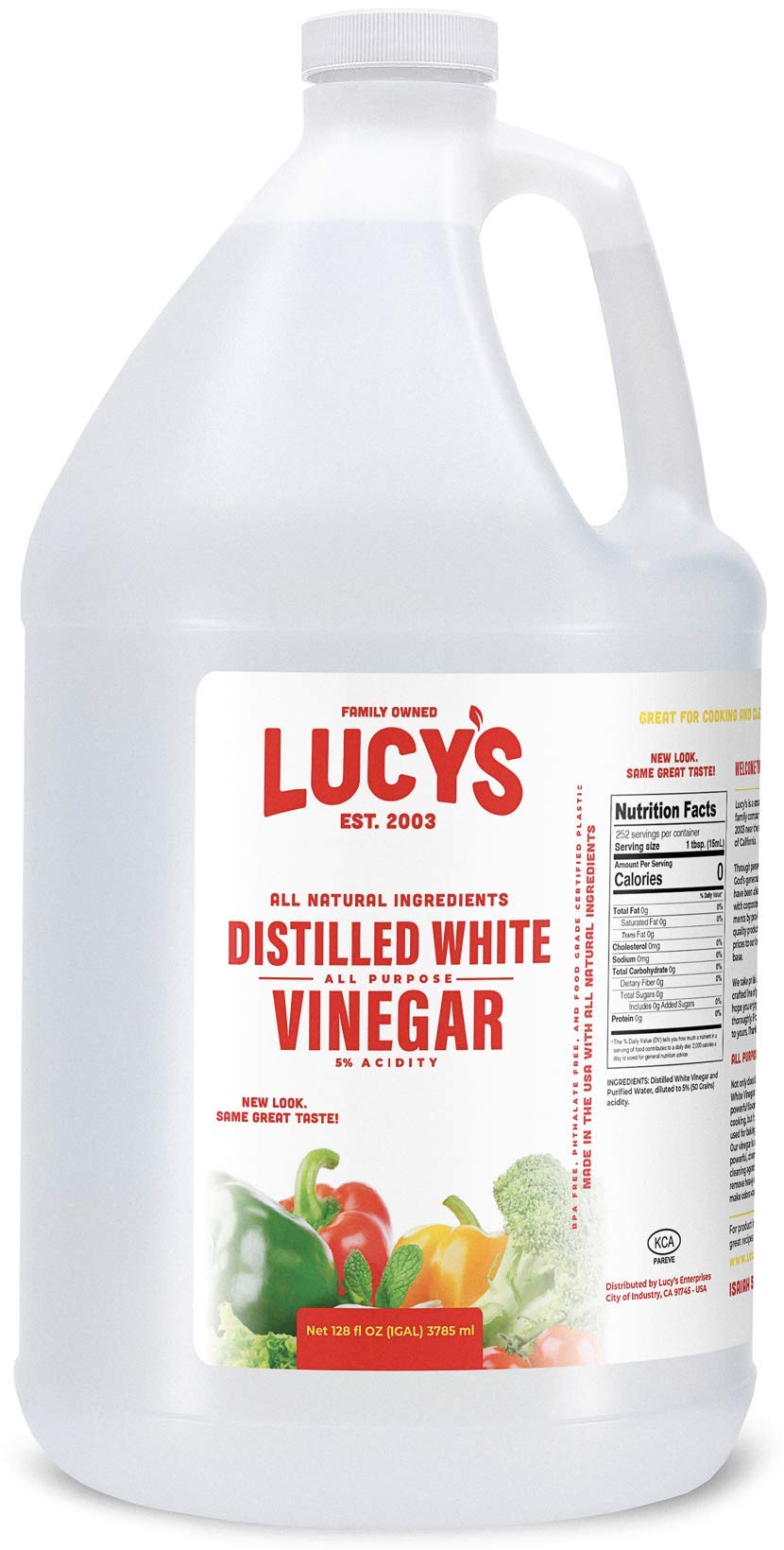Lucy's front label on gallon bottle showing product and clear benefit for multiuse