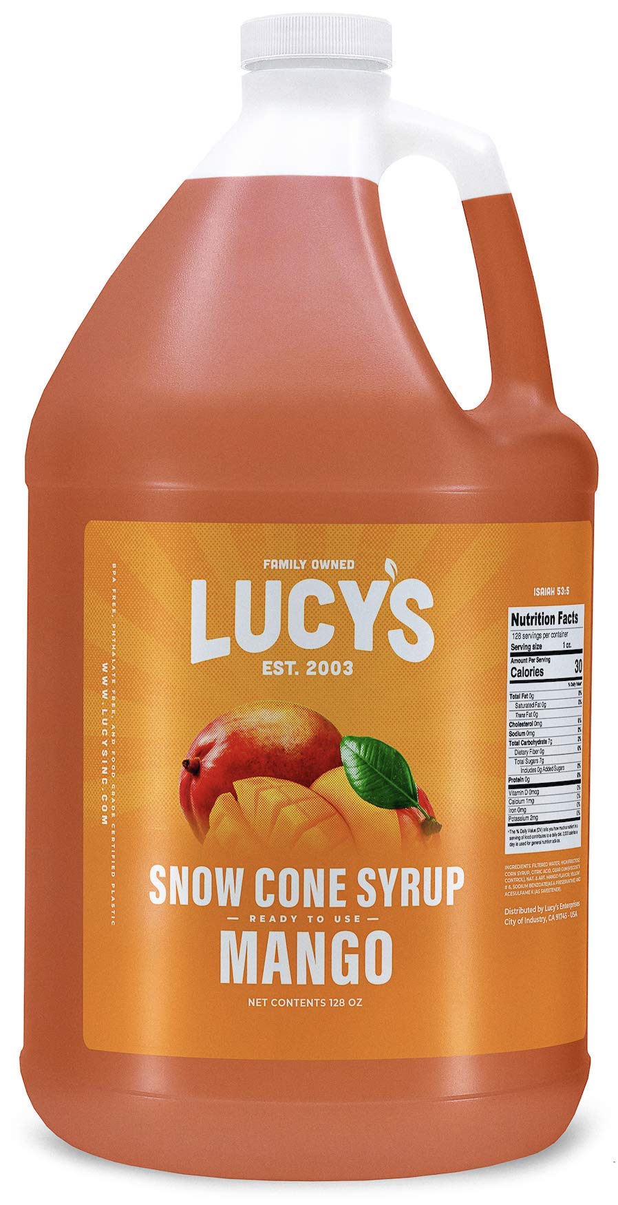 Lucy's mango front packaging showing bright bottle and brand for easy identification