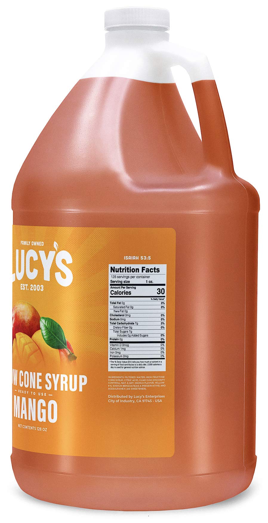 Lucy's mango syrup pouring over shaved ice highlighting vibrant color and coverage