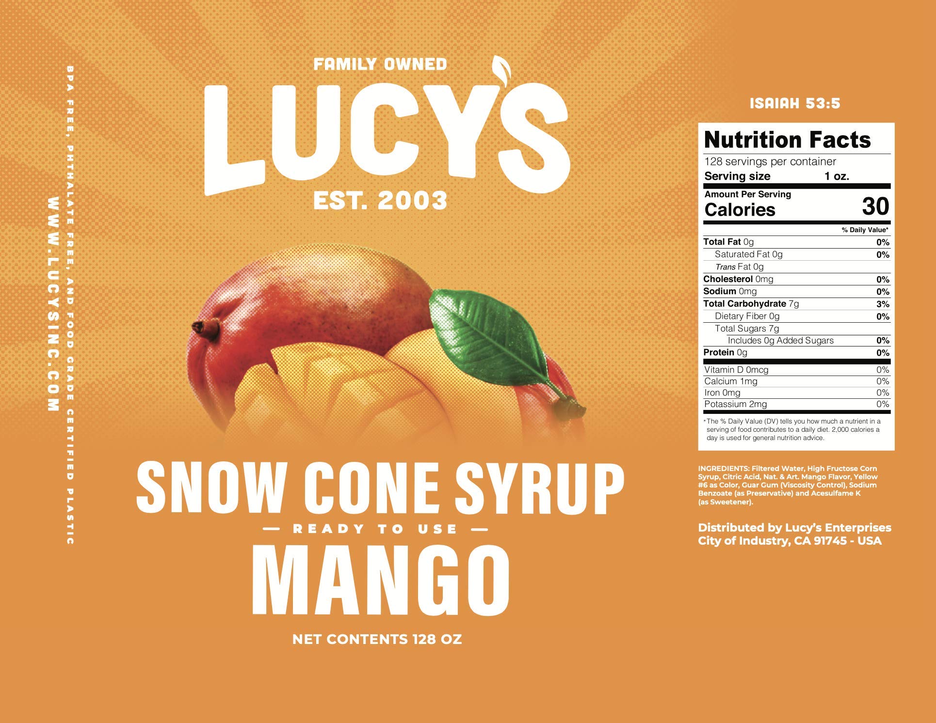 Lucy's mango topped snowcone in hand showing appetizing tropical flavor